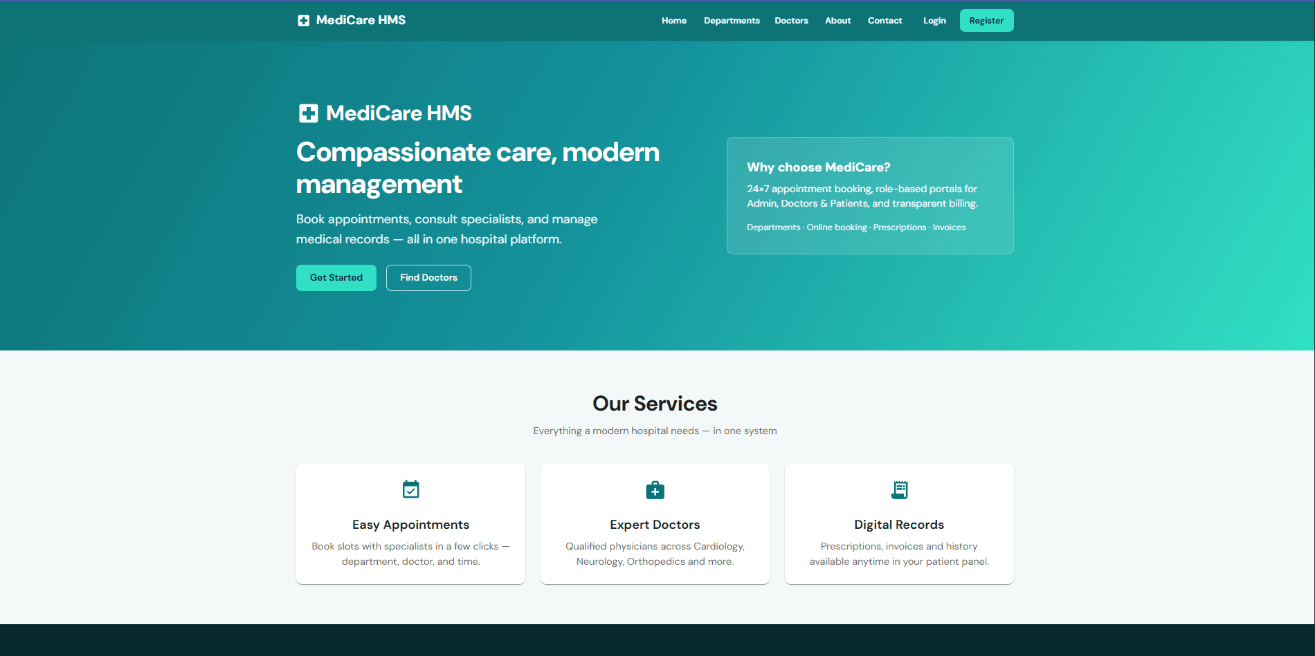 MediCare HMS — Full Stack Hospital Management System (React + Node + MySQL) screenshot 1